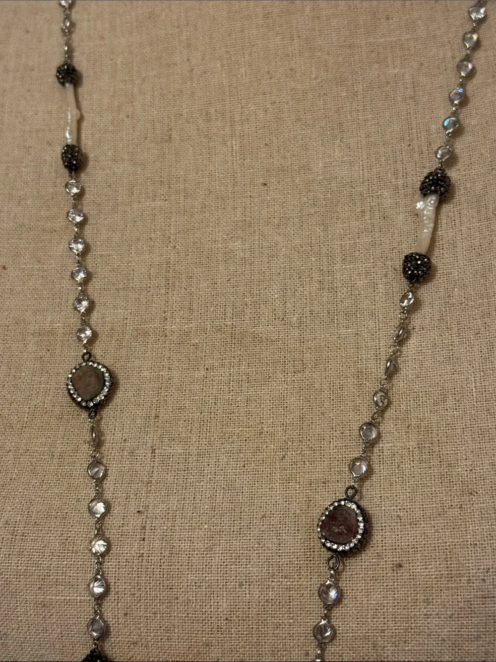 NECKLACE STERLING SILVER CHAIN BEZEL SET CRYSTALS WHITE BAROQUE PEARLS PAVE 37”